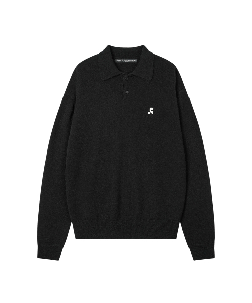 WOOL POLO KNIT TOP - BLACK