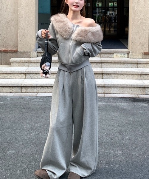 セール】【セットアップ】ファーワンショルダージップトレーナー