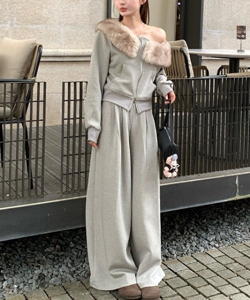 セール】【セットアップ】ファーワンショルダージップトレーナー