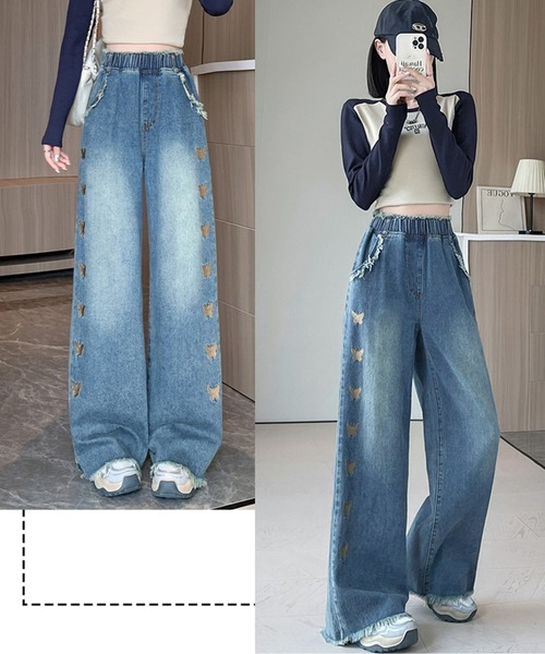 AMAJI(アマジ)の「バタフライ刺繍フリンジワイドデニムパンツ(デニムパンツ・レディース・ブルー・X-LARGE/LARGE/MEDIUM)」の4枚目の写真