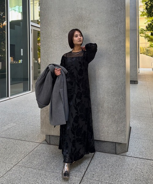 Ameri（アメリ）の「SHEER JACQUARD A LINE DRESS（ドレス・レディース・ライトグリーン/ブラック・SMALL/MEDIUM）」の3枚目の写真