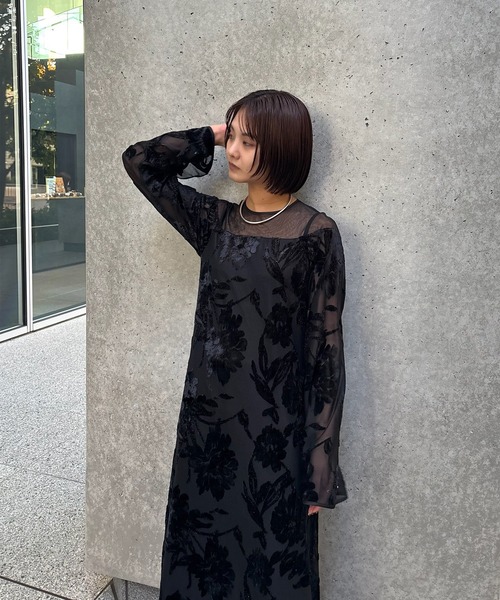 Ameri（アメリ）の「SHEER JACQUARD A LINE DRESS（ドレス・レディース・ライトグリーン/ブラック・SMALL/MEDIUM）」の4枚目の写真