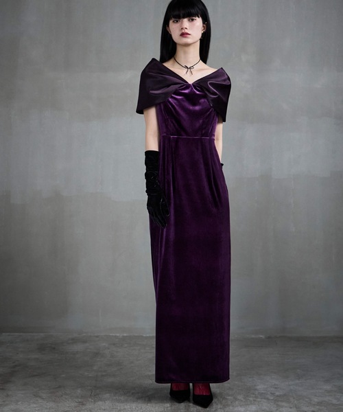 1着のみの特別価格 ベロア生地のサテンリボン付きロングドレス サテンリボンスリーブベロアドレス（ドレス）｜etoll.（エトル）の