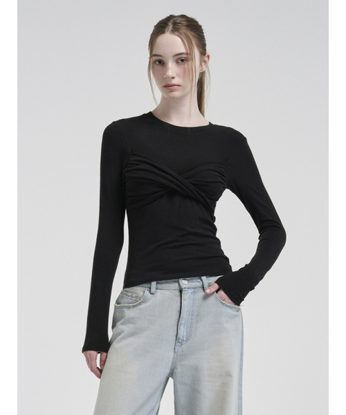 ETMON(エトモン)の「Ribbon Twisted T-Shirt, Black(Tシャツ/カットソー・レディース・その他・FREE)」の1枚目の写真