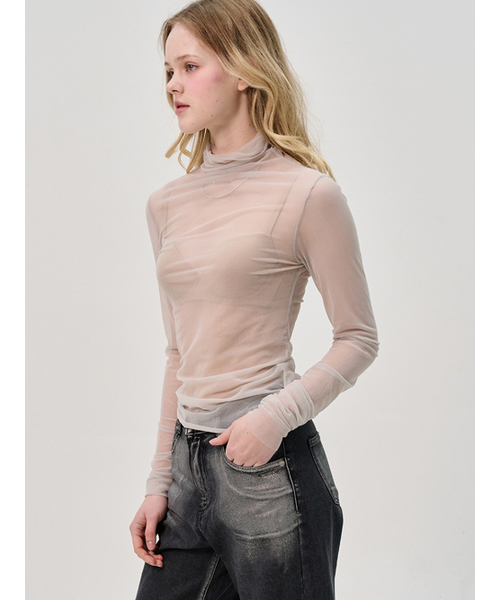 Sorry,Too Much Love(ソーリートゥーマッチラブ)の「袖シャーリングシースルータートルネックトップ_グレー(Tシャツ/カットソー・レディース・その他・FREE)」の1枚目の写真