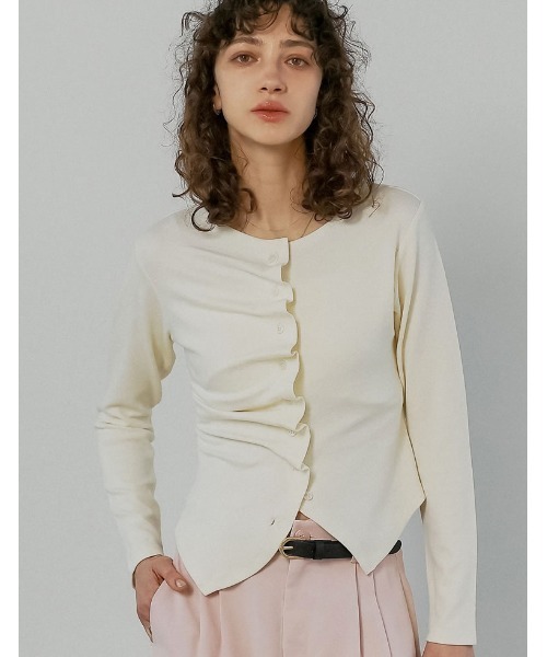 Re:EDIT（リエディ）の「[2026S/S COLLECTION]アシンメトリーフリルカットソー（カーディガン/ボレロ・レディース・チャコールグレー/ブラック/アイボリー/イエロー・MEDIUM/LARGE）」の3枚目の写真