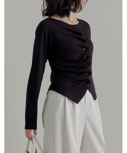 Re:EDIT（リエディ）の「[2026S/S COLLECTION]アシンメトリーフリルカットソー（カーディガン/ボレロ・レディース・チャコールグレー/ブラック/アイボリー/イエロー・MEDIUM/LARGE）」の11枚目の写真