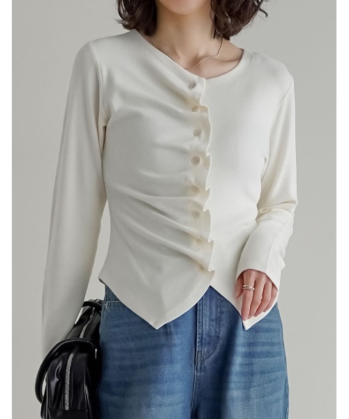 Re:EDIT（リエディ）の「[2026S/S COLLECTION]アシンメトリーフリルカットソー（カーディガン/ボレロ・レディース・チャコールグレー/ブラック/アイボリー/イエロー・MEDIUM/LARGE）」の5枚目の写真