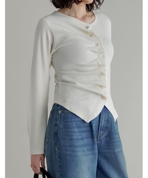 Re:EDIT（リエディ）の「[2026S/S COLLECTION]アシンメトリーフリルカットソー（カーディガン/ボレロ・レディース・チャコールグレー/ブラック/アイボリー/イエロー・MEDIUM/LARGE）」の6枚目の写真