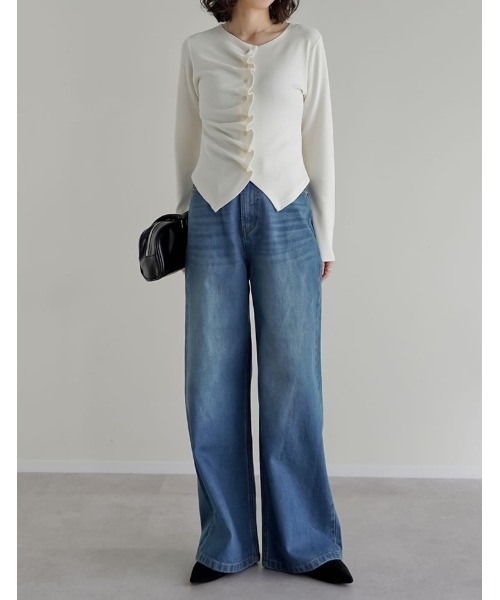 Re:EDIT（リエディ）の「[2026S/S COLLECTION]アシンメトリーフリルカットソー（カーディガン/ボレロ・レディース・チャコールグレー/ブラック/アイボリー/イエロー・MEDIUM/LARGE）」の9枚目の写真