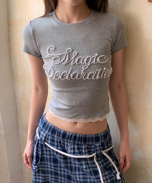 c.u.l(シーユーエル)の「ロゴパール レースクロップドTシャツ カットソー culw887(Tシャツ/カットソー・レディース・グレー/ブラック・S/M)」の2枚目の写真