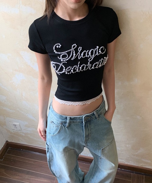c.u.l(シーユーエル)の「ロゴパール レースクロップドTシャツ カットソー culw887(Tシャツ/カットソー・レディース・グレー/ブラック・S/M)」の10枚目の写真