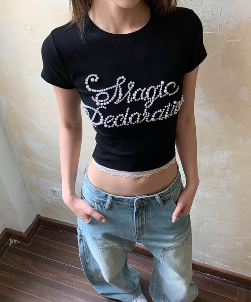 c.u.l(シーユーエル)の「ロゴパール レースクロップドTシャツ カットソー culw887(Tシャツ/カットソー・レディース・グレー/ブラック・S/M)」の11枚目の写真