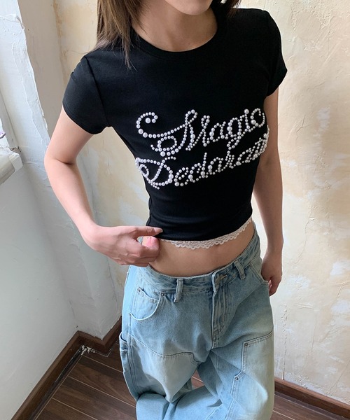 c.u.l(シーユーエル)の「ロゴパール レースクロップドTシャツ カットソー culw887(Tシャツ/カットソー・レディース・グレー/ブラック・S/M)」の12枚目の写真