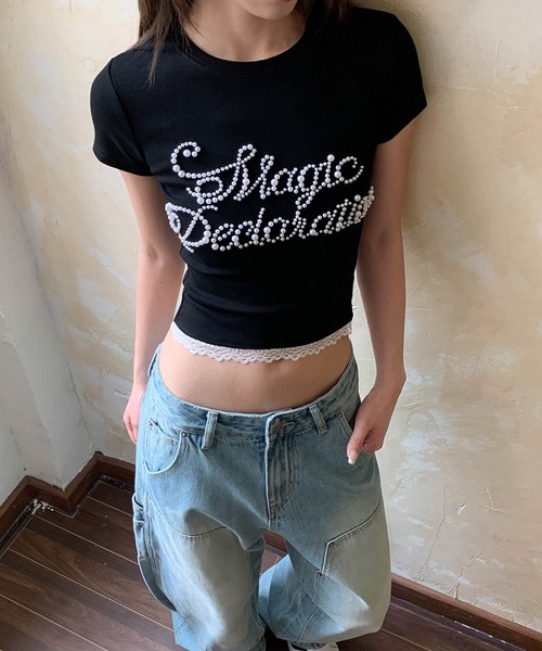 c.u.l(シーユーエル)の「ロゴパール レースクロップドTシャツ カットソー culw887(Tシャツ/カットソー・レディース・グレー/ブラック・S/M)」の15枚目の写真