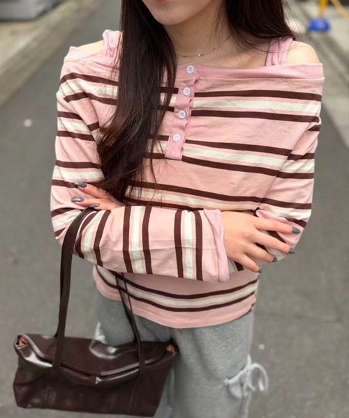 mebole(メボレ)の「オフショルボーダーストラップトップ(Tシャツ/カットソー・レディース・ピンク/グレー・FREE)」の17枚目の写真