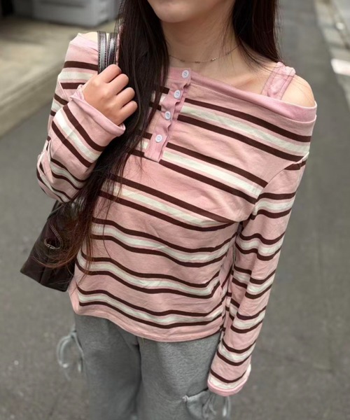 mebole(メボレ)の「オフショルボーダーストラップトップ(Tシャツ/カットソー・レディース・ピンク/グレー・FREE)」の15枚目の写真