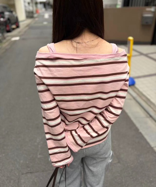 mebole(メボレ)の「オフショルボーダーストラップトップ(Tシャツ/カットソー・レディース・ピンク/グレー・FREE)」の21枚目の写真