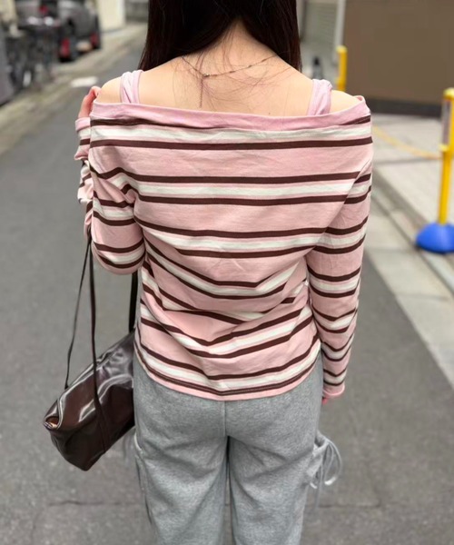 mebole(メボレ)の「オフショルボーダーストラップトップ(Tシャツ/カットソー・レディース・ピンク/グレー・FREE)」の22枚目の写真