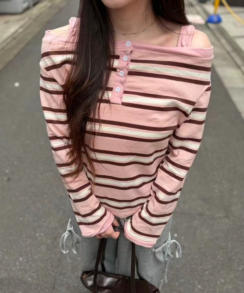 mebole(メボレ)の「オフショルボーダーストラップトップ(Tシャツ/カットソー・レディース・ピンク/グレー・FREE)」の16枚目の写真