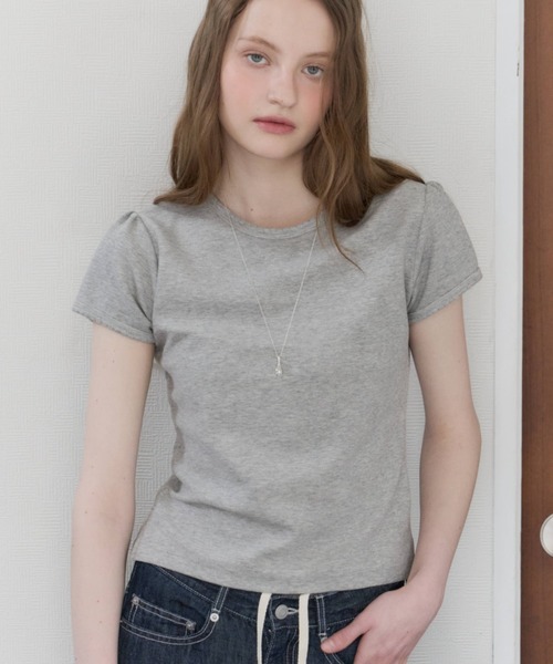 GIUNON(ジウノン)の「scallop pile puff t-shirt / スカラップパイルパフTシャツ(Tシャツ/カットソー・レディース・ブルー/グレー/ブラック/ホワイト/ピンク/パープル・FREE)」の4枚目の写真