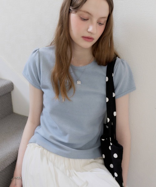 GIUNON(ジウノン)の「scallop pile puff t-shirt / スカラップパイルパフTシャツ(Tシャツ/カットソー・レディース・ブルー/グレー/ブラック/ホワイト/ピンク/パープル・FREE)」の1枚目の写真