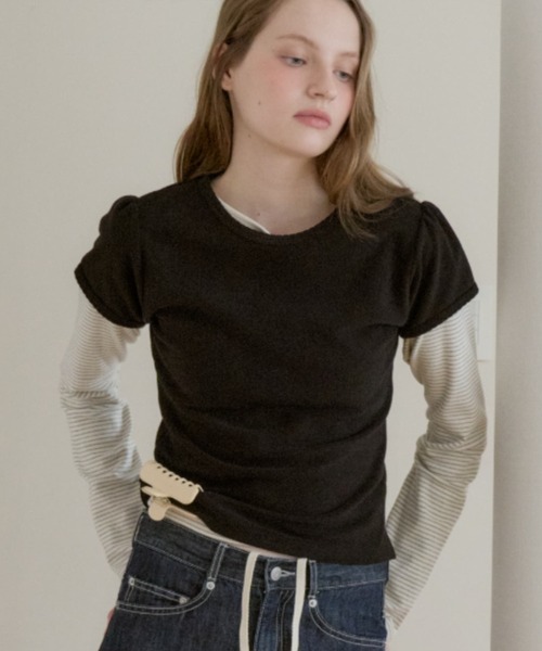 GIUNON(ジウノン)の「scallop pile puff t-shirt / スカラップパイルパフTシャツ(Tシャツ/カットソー・レディース・ブルー/グレー/ブラック/ホワイト/ピンク/パープル・FREE)」の3枚目の写真