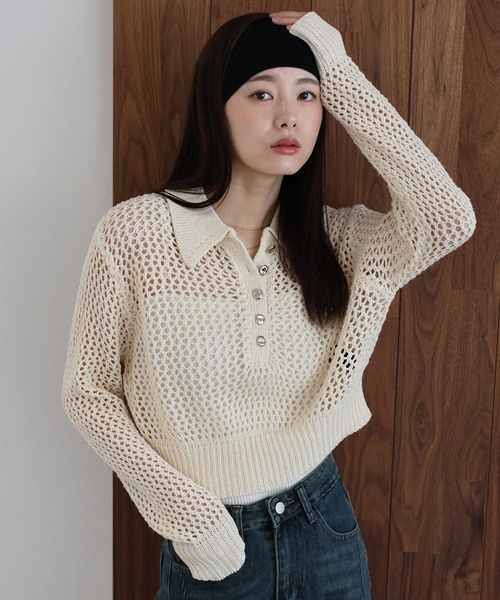 J by blue(ジェイバイブルー)の「クロシェメッシュポロニット(ニット/セーター・レディース・ブラック系/ベージュ系/アイボリー・MEDIUM)」の2枚目の写真