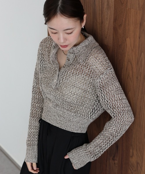 J by blue(ジェイバイブルー)の「クロシェメッシュポロニット(ニット/セーター・レディース・ブラック系/ベージュ系/アイボリー・MEDIUM)」の5枚目の写真