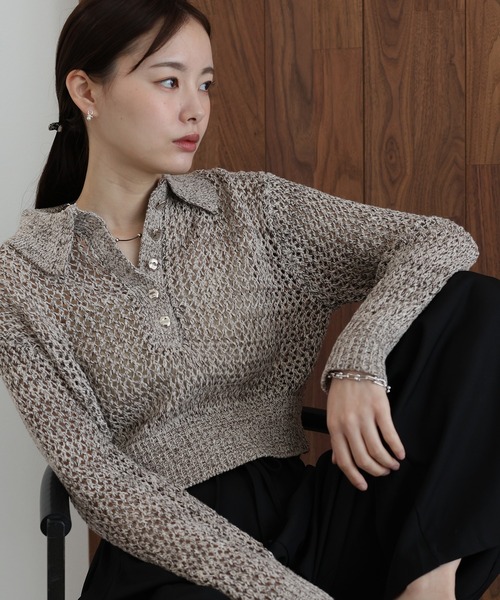 J by blue(ジェイバイブルー)の「クロシェメッシュポロニット(ニット/セーター・レディース・ブラック系/ベージュ系/アイボリー・MEDIUM)」の4枚目の写真