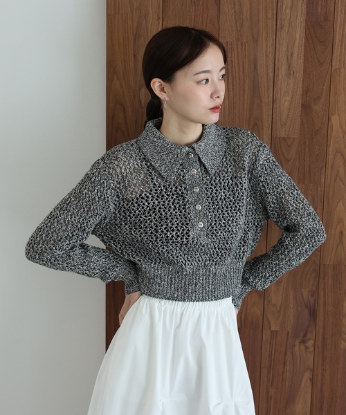 J by blue(ジェイバイブルー)の「クロシェメッシュポロニット(ニット/セーター・レディース・ブラック系/ベージュ系/アイボリー・MEDIUM)」の11枚目の写真