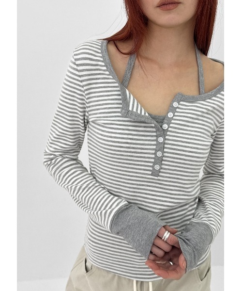 セール】[MADE] レイヤードストライプホルターヘンリーネック長袖T