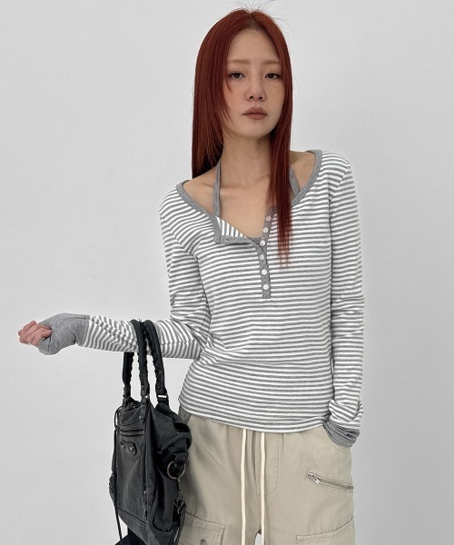 BLACKUP（ブラックアップ）の「[MADE] レイヤードストライプホルターヘンリーネック長袖Tシャツ（Tシャツ/カットソー・レディース・グレー/ブラック・FREE）」の17枚目の写真