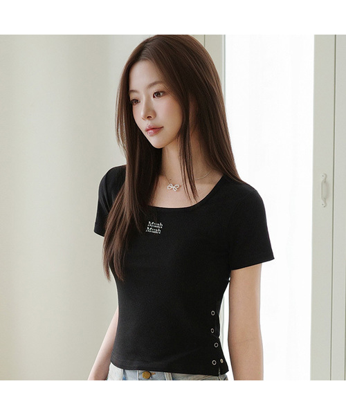 セール】スリットボタンクロップ半袖Tシャツ [6色]（Tシャツ