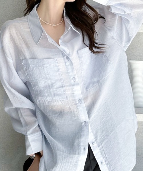 umune(ウムネ)の「シアーシャツ ビッグシルエット オーバーサイズ 長袖 胸ポケット 羽織り ライトアウター 透け感 抜け感 カジュアル 秋(シャツ/ブラウス・レディース・アイボリー/サックスブルー/ピンクベージュ/ブラック・FREE)」の3枚目の写真