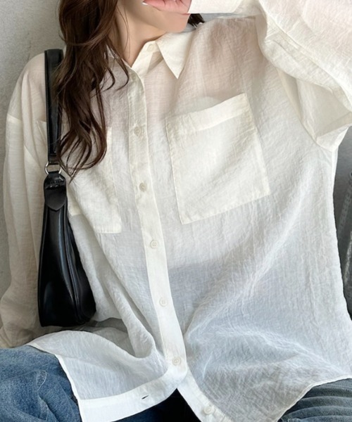 umune(ウムネ)の「シアーシャツ ビッグシルエット オーバーサイズ 長袖 胸ポケット 羽織り ライトアウター 透け感 抜け感 カジュアル 秋(シャツ/ブラウス・レディース・アイボリー/サックスブルー/ピンクベージュ/ブラック・FREE)」の16枚目の写真
