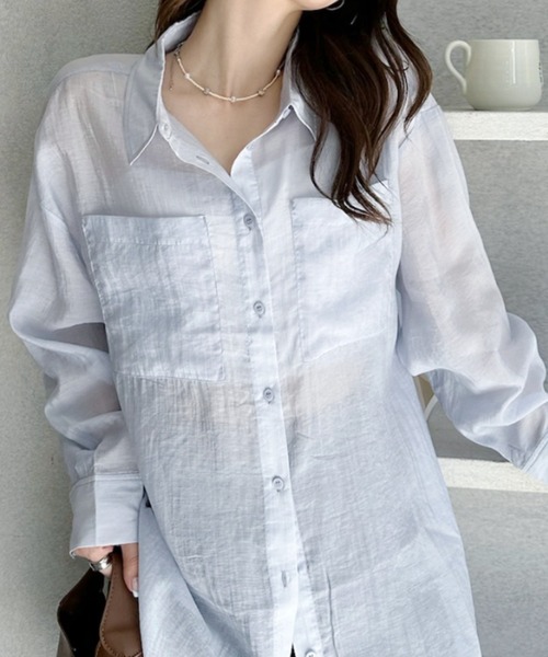 umune(ウムネ)の「シアーシャツ ビッグシルエット オーバーサイズ 長袖 胸ポケット 羽織り ライトアウター 透け感 抜け感 カジュアル 秋(シャツ/ブラウス・レディース・アイボリー/サックスブルー/ピンクベージュ/ブラック・FREE)」の8枚目の写真