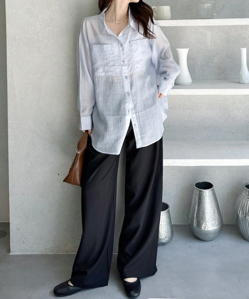 umune(ウムネ)の「シアーシャツ ビッグシルエット オーバーサイズ 長袖 胸ポケット 羽織り ライトアウター 透け感 抜け感 カジュアル 秋(シャツ/ブラウス・レディース・アイボリー/サックスブルー/ピンクベージュ/ブラック・FREE)」の9枚目の写真