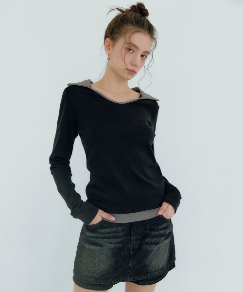 MICANE(ミケーネ)の「ミアコントラストカラーUネックTシャツ(Tシャツ/カットソー・レディース・ブラック/チャコール・SMALL/MEDIUM/LARGE/X-LARGE)」の6枚目の写真