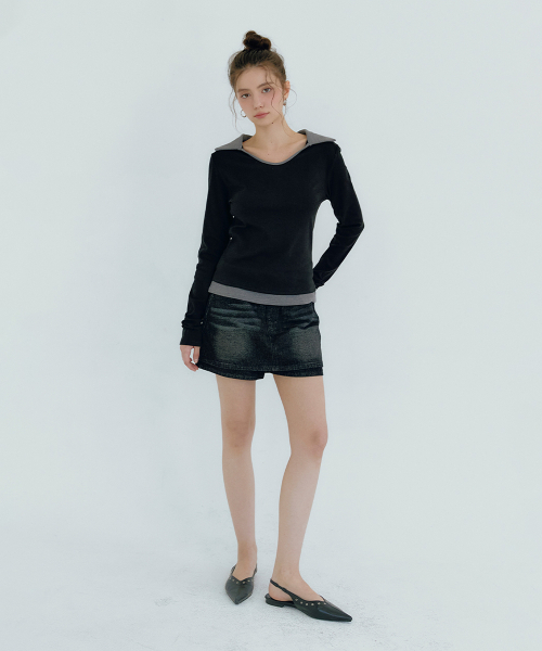 MICANE(ミケーネ)の「ミアコントラストカラーUネックTシャツ(Tシャツ/カットソー・レディース・ブラック/チャコール・SMALL/MEDIUM/LARGE/X-LARGE)」の8枚目の写真