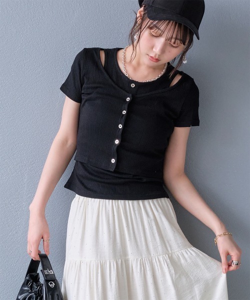Rejoule(リジュール)の「レイヤード風 リブカットソー半袖トップス(Tシャツ/カットソー・レディース・ブラック/アイボリー/グリーン・FREE)」の10枚目の写真