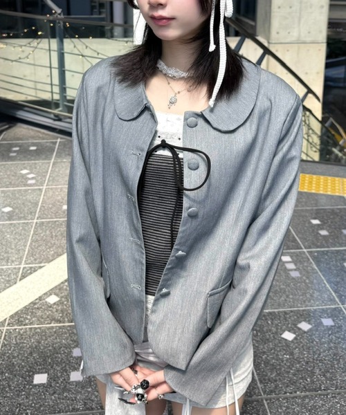Never mind the XU / Chikashitsu+(ネバーマインド ザ エックスユー / チカシツプラス)の「【nmtc+】round collar single cropped jacket / 【エヌエムティーシープラス】ラウンドカラーシングルクロップジャケット(テーラードジャケット・レディース・ブラック/グレー・ONE SIZE)」の2枚目の写真