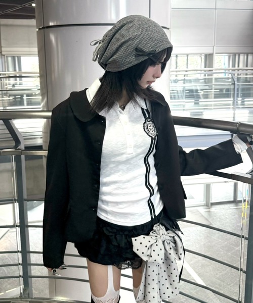 Never mind the XU / Chikashitsu+(ネバーマインド ザ エックスユー / チカシツプラス)の「【nmtc+】round collar single cropped jacket / 【エヌエムティーシープラス】ラウンドカラーシングルクロップジャケット(テーラードジャケット・レディース・ブラック/グレー・ONE SIZE)」の14枚目の写真