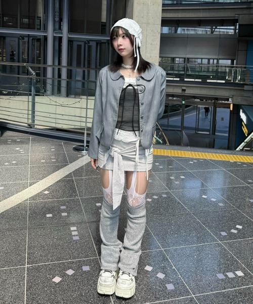 Never mind the XU / Chikashitsu+(ネバーマインド ザ エックスユー / チカシツプラス)の「【nmtc+】round collar single cropped jacket / 【エヌエムティーシープラス】ラウンドカラーシングルクロップジャケット(テーラードジャケット・レディース・ブラック/グレー・ONE SIZE)」の4枚目の写真