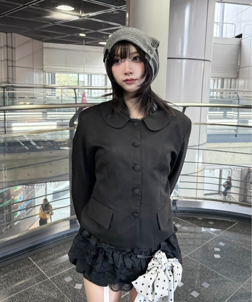 Never mind the XU / Chikashitsu+(ネバーマインド ザ エックスユー / チカシツプラス)の「【nmtc+】round collar single cropped jacket / 【エヌエムティーシープラス】ラウンドカラーシングルクロップジャケット(テーラードジャケット・レディース・ブラック/グレー・ONE SIZE)」の12枚目の写真