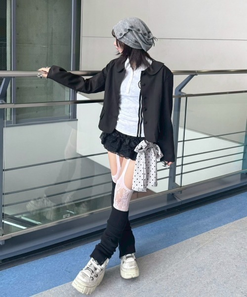 Never mind the XU / Chikashitsu+(ネバーマインド ザ エックスユー / チカシツプラス)の「【nmtc+】round collar single cropped jacket / 【エヌエムティーシープラス】ラウンドカラーシングルクロップジャケット(テーラードジャケット・レディース・ブラック/グレー・ONE SIZE)」の20枚目の写真