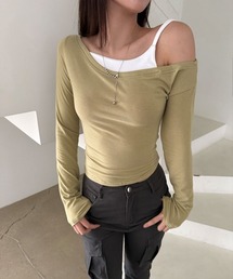 【レイヤード風】ワンオフショルダー 配色 長袖 Tシャツ