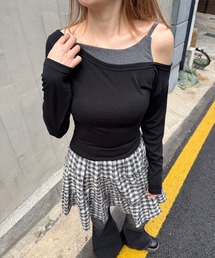 【レイヤード風】ワンオフショルダー 配色 長袖 Tシャツ