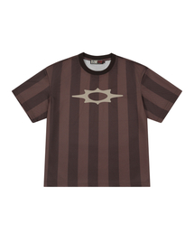 ロゴストライプクロップメッシュTシャツブラウン