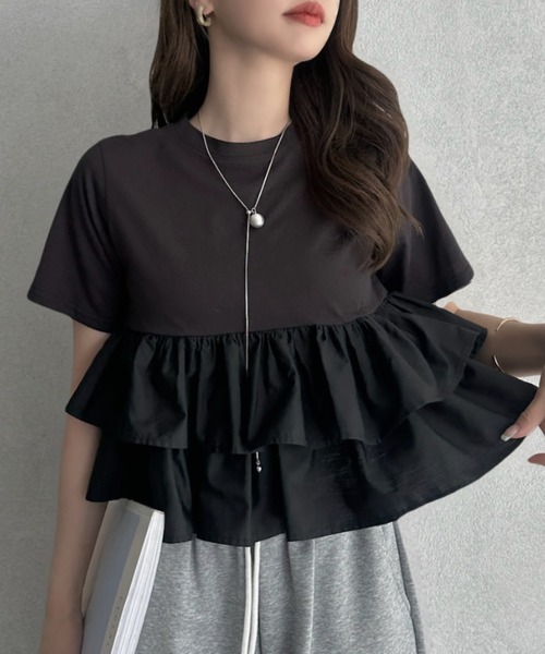 TREOVER(トレオーバー)の「1枚で華やぐ主役級フリルTシャツ(Tシャツ/カットソー・レディース・オフホワイト/ブラック/ピンク/ベージュ・FREE)」の3枚目の写真